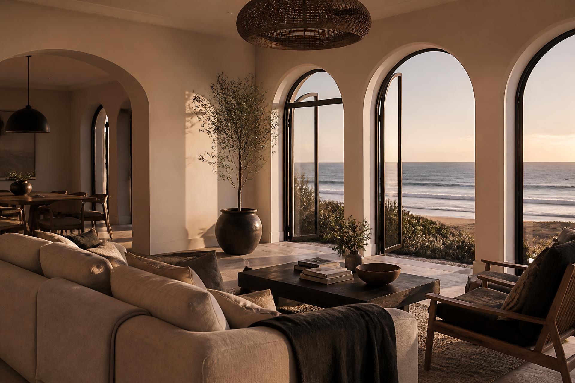 Sunlit living room of a luxury coastal vacation rental with arched windows facing the ocean